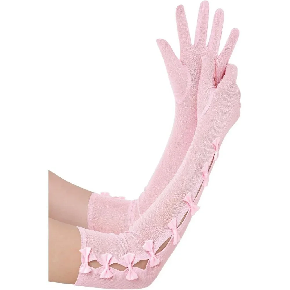 Women's Princess Pink Long Sleeves Gloves Bow Lace Mesh Tulle Party Prom